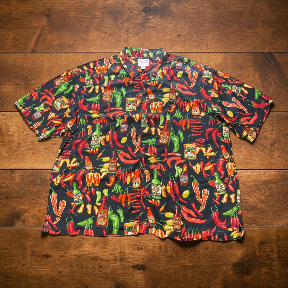 Vintage Big Dogs Mens 4XL Hot Sauce Chili Pepper Rayon Camp Hawaiian Shirt Black